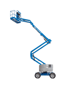 Articulative manlift providing elevated access in a construction environment.